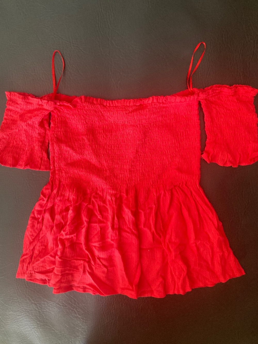 New ambiance red off shoulder smocked ruffle crop top s